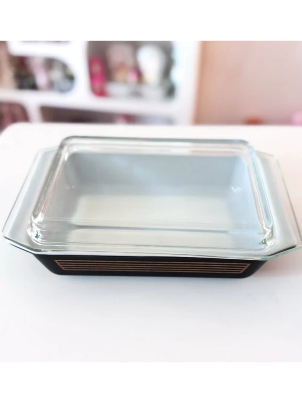 Pyrex 575 Musical Staff Space Saver Casserole w/ Lid, Black Gold, Vintage 1958